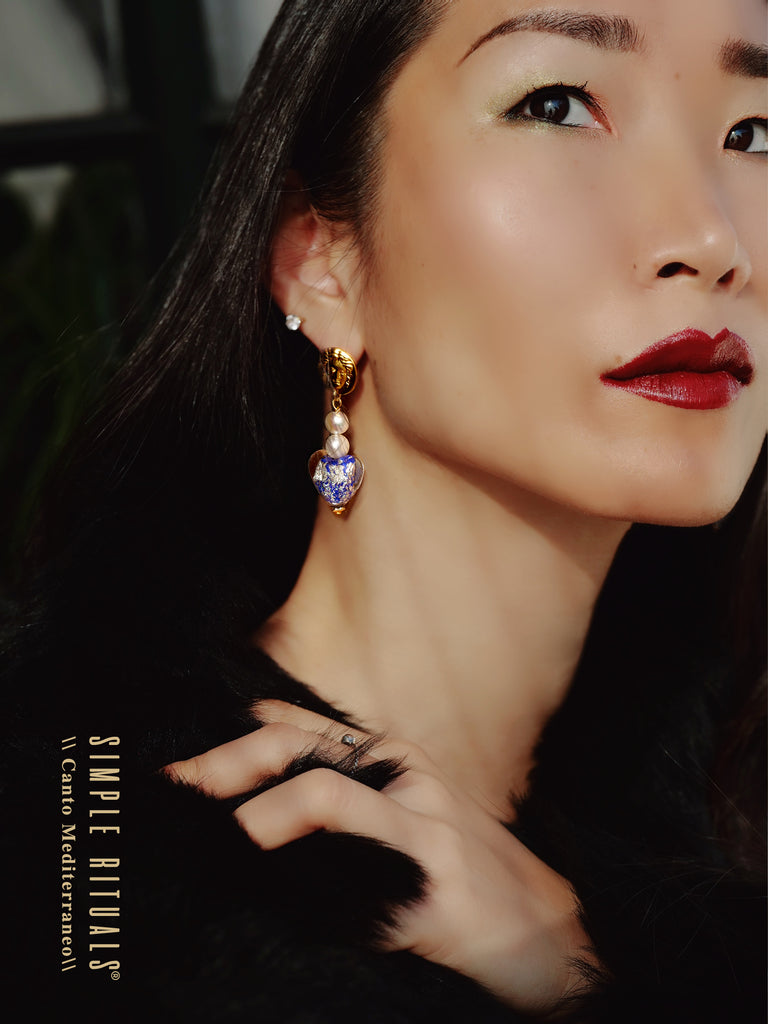 [ Deep Blue Lion heart ]Alta moda handmade Venice glass stud earrings