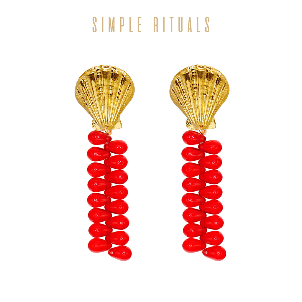 23FW [ Mermaid Tail ] aesthetic Seashell red glass earrings