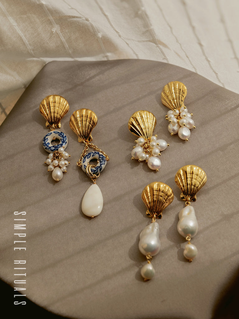 23FW [ Mermaid's Dance ] aesthetic Seashell handmade ceramic earrings