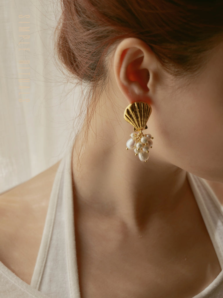 23FW [ Little Mermaid ] Chic aesthetic Seashell baroque pearl earrings