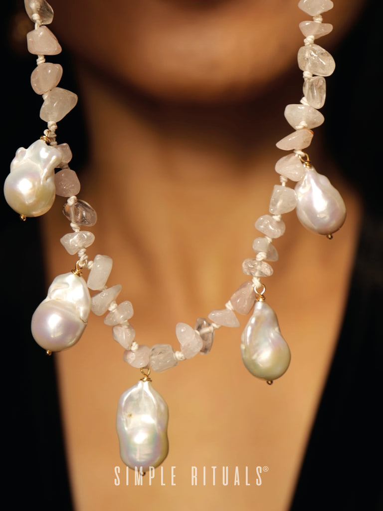 24SS [ Retro Palace ] Pink quartz pearls dew necklace
