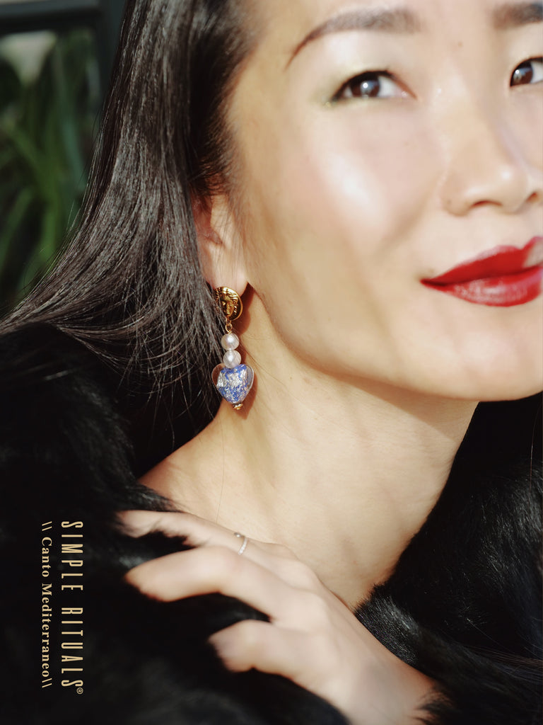 [ Deep Blue Lion heart ]Alta moda handmade Venice glass stud earrings