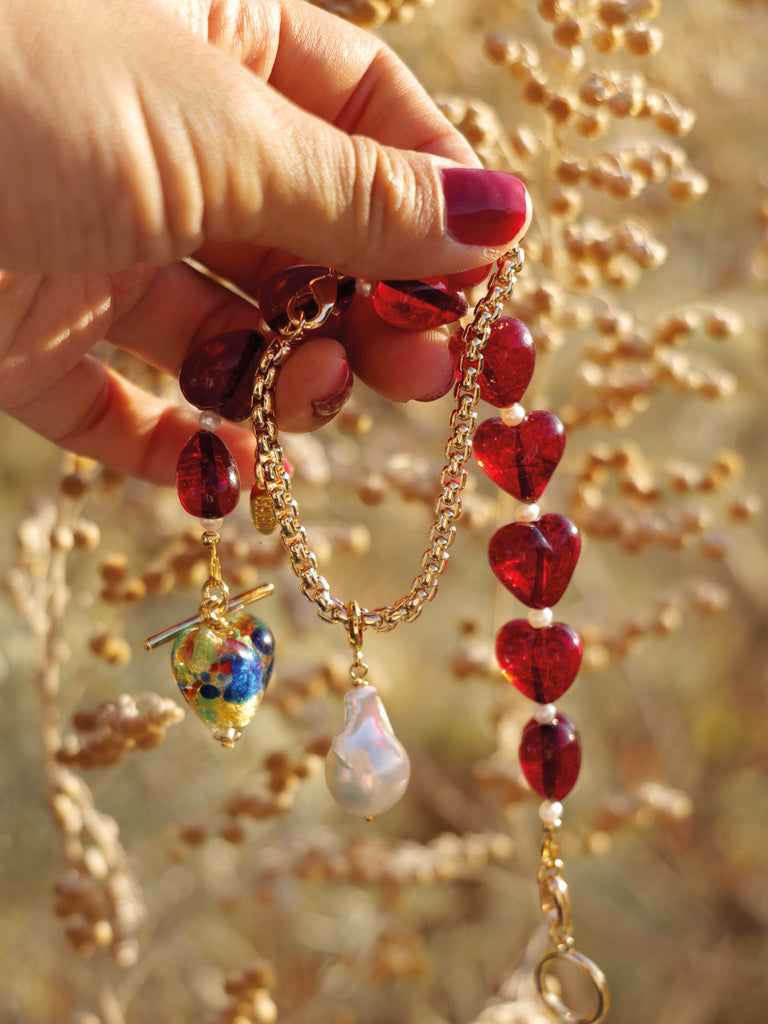 [ Scarlet Heart ] Venice handmade glass Deep Red hearts bracelet