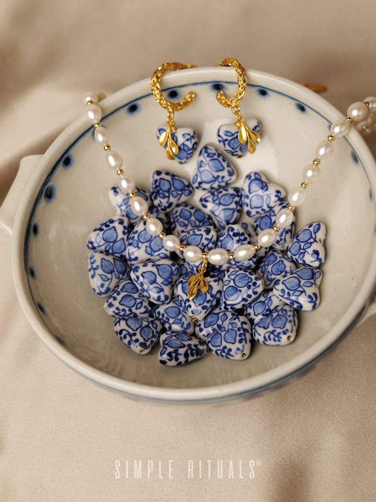 [ Amore estivo ] SS23 Handmade ceramic Blue white lemon heart necklace