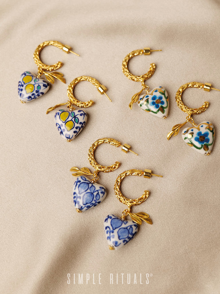 [ Amore estivo ] SS23 Handmade ceramic Blue white lemon heart earrings
