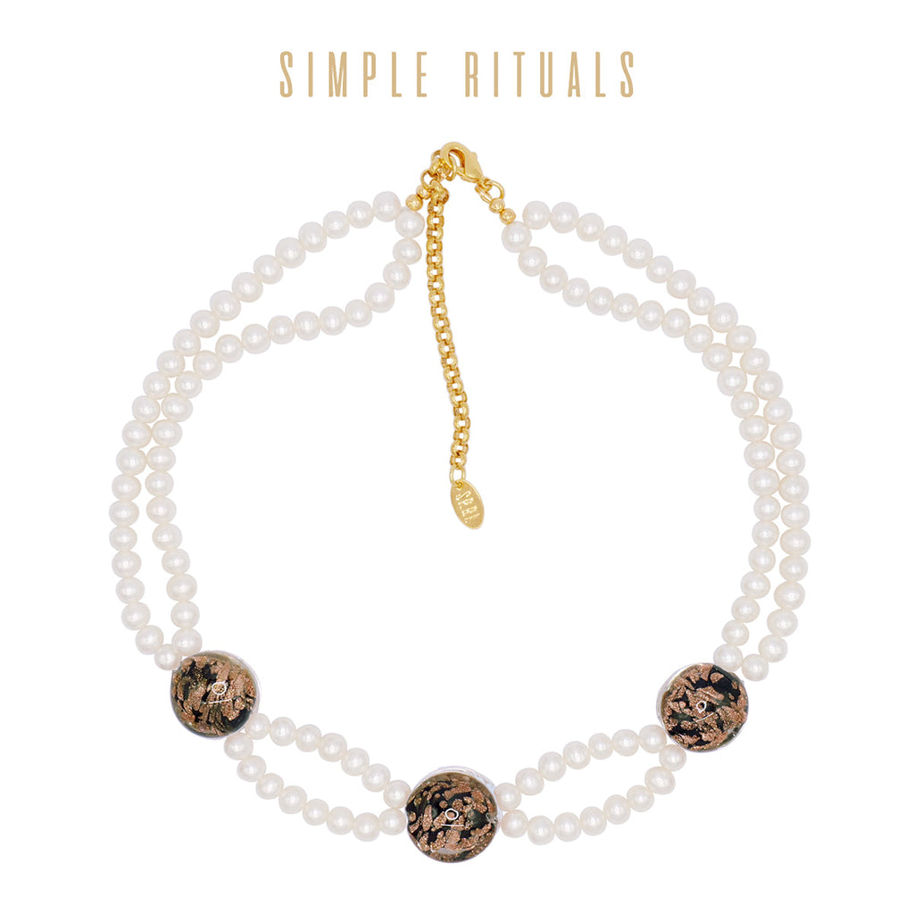 Simple Rituals | Blue Gold power Venice handmade glass & pearl necklace